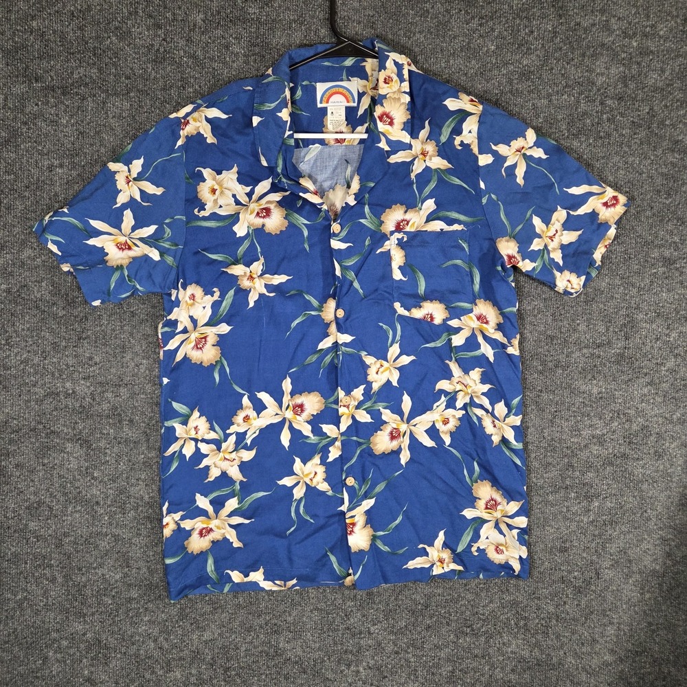 Paradise Found Hawaii Aloha Shirt Mens M Blue Floral Rayon Made in USA Tropical